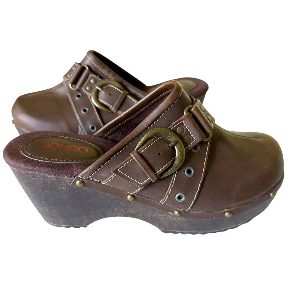 Bongo Brighton Chunky Heel Platform Clogs Y2K Retro 70s Size 8 Brown Womens Boho